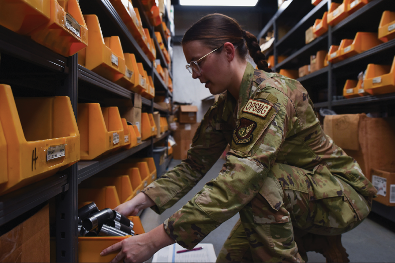 Air Force Senior Airman Raven Robinson, 51st Civil Engineer Squadron inventory technician, conducts inventory count at Osan Air Base, Republicof Korea, September 18, 2024 (U.S. Air Force/Kahdija Slaughter)